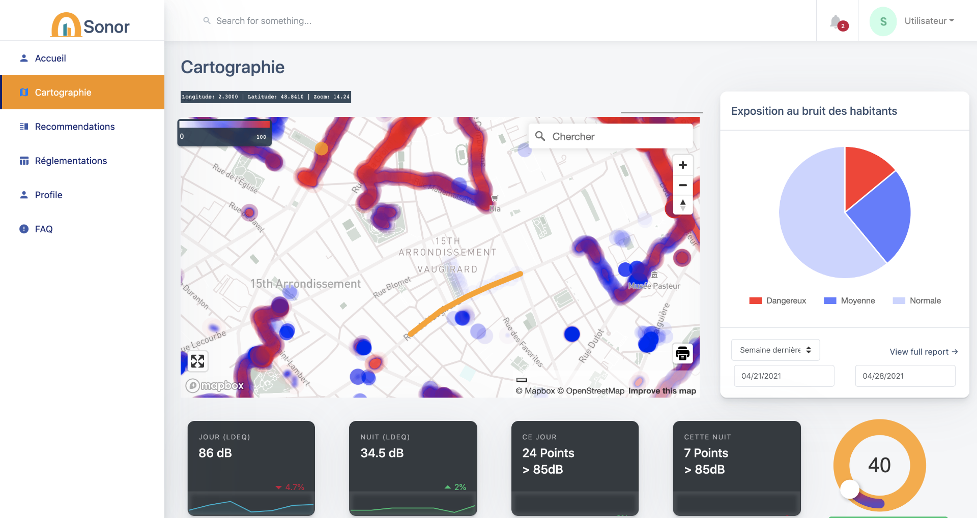 Sonor Cartographie dashboard, real-time acoustic mapping