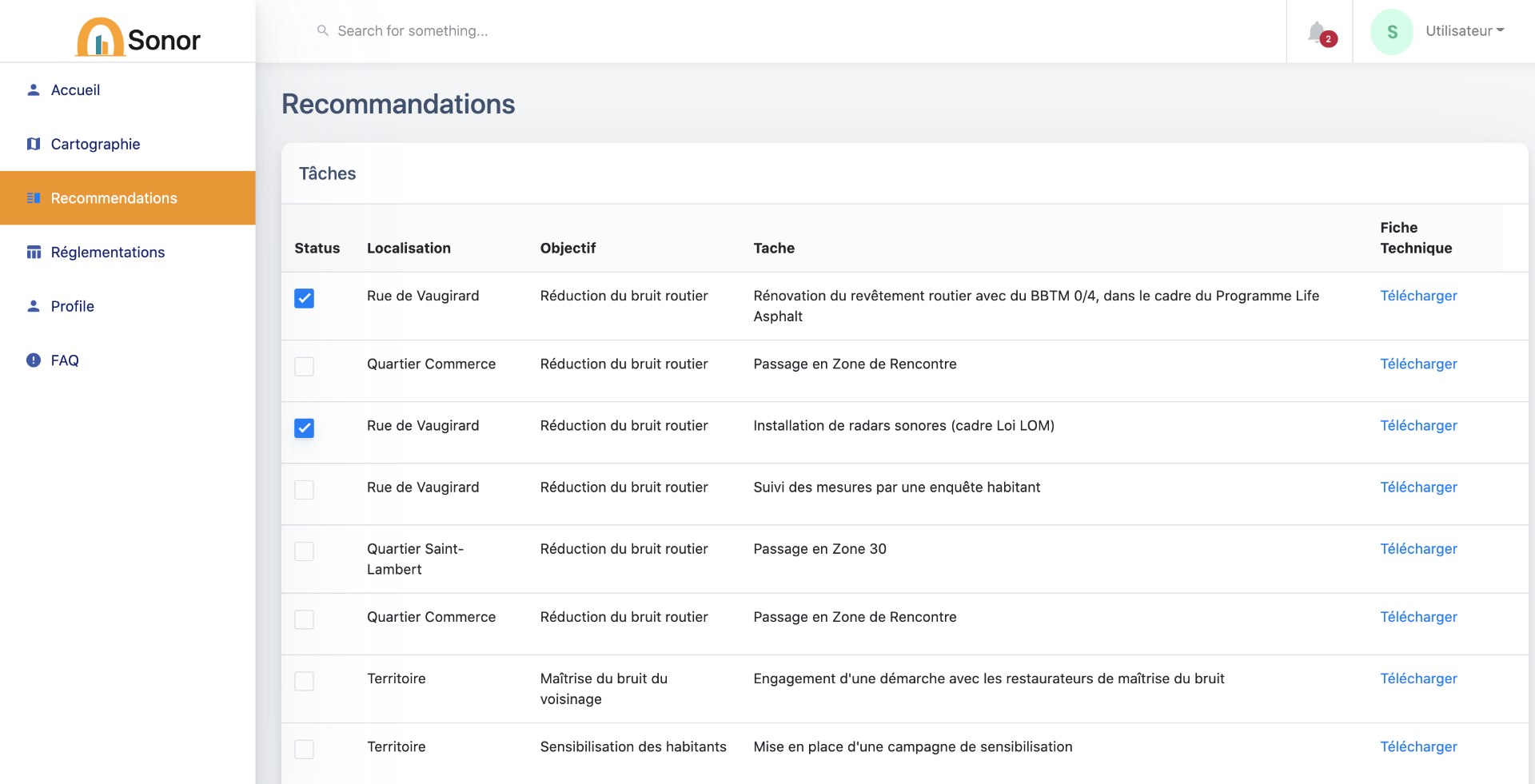 Sonor Recommandations interface, prioritized action plans for planners